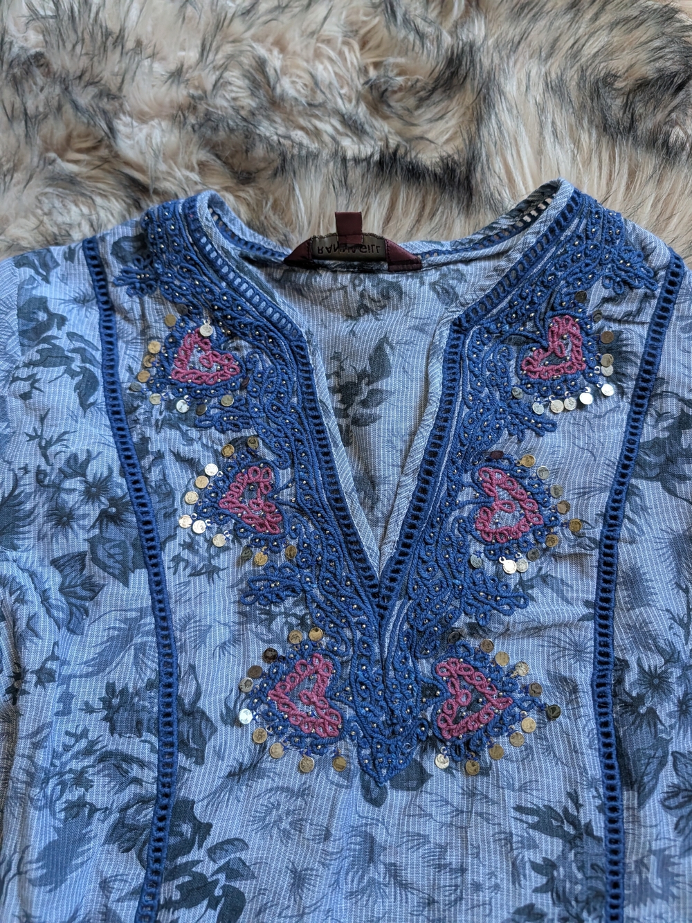 Anthropologie Ranna Gill XS Embroidered Shisha Coin Blouse V-Neck Boho Top